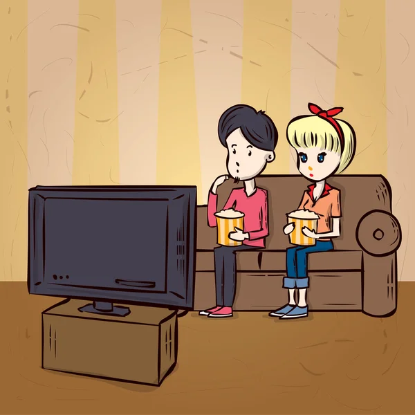 Cartoon Couple Watching TV. — Stock Vector
