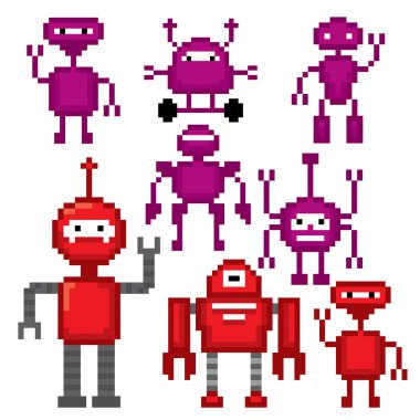 Çizgi film robotlar ayarlayın. Piksel sanat.