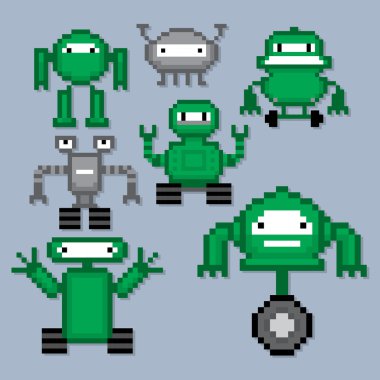 Çizgi film robotlar ayarlayın. Piksel sanat.