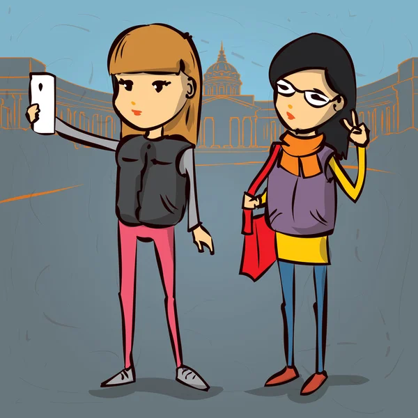 Zwei süße Mädchen machen Selfie. — Stockvektor