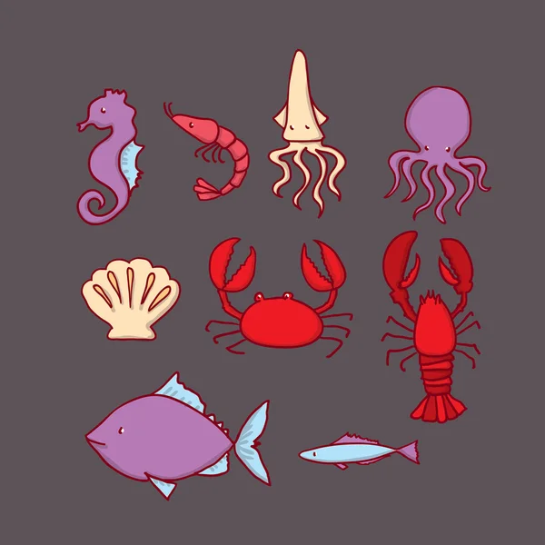Conjunto de vida marina dibujada a mano — Vector de stock
