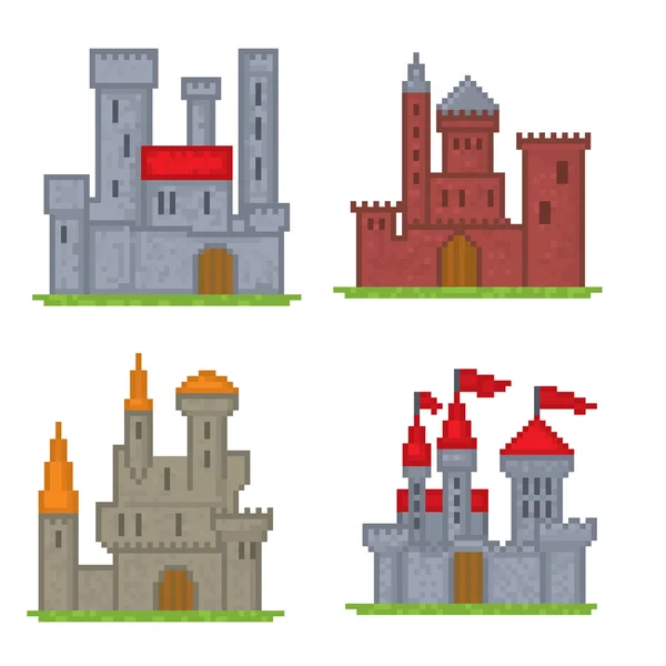 Castillos y fortalezas iconos. Pixel arte — Archivo Imágenes Vectoriales
