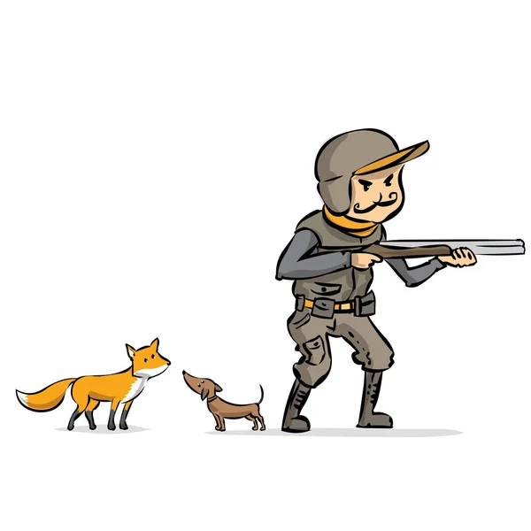 Hunter with a dog and a gun hunts fox — Stock Vector