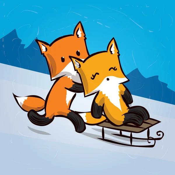 Jongen en meisje fox rodelen. Hand getekend cartoon vectorillustratie — Stockvector