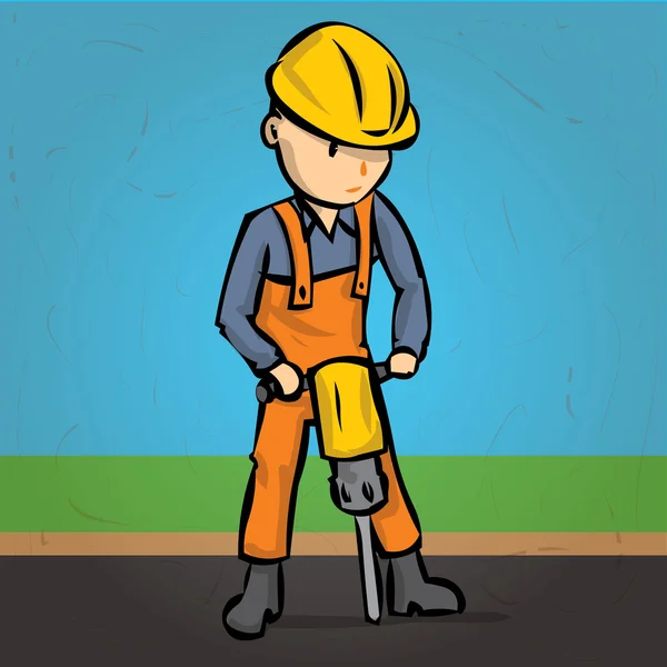 Trabajador de carretera con un martillo neumático reparaciones de carreteras . — Vector de stock