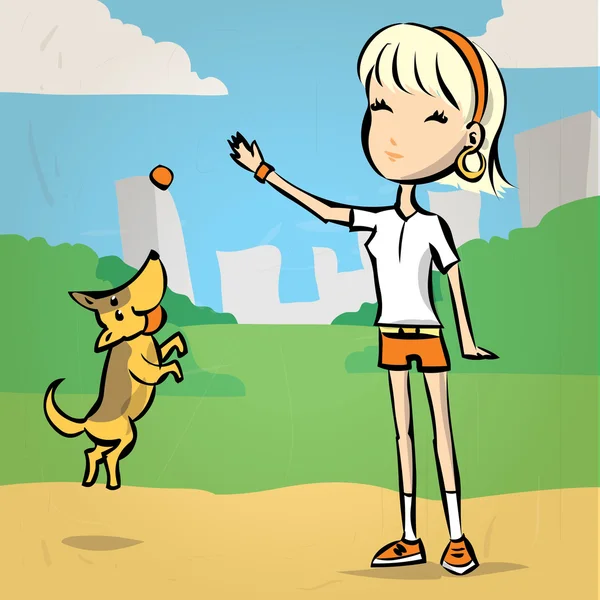 Mujer joven jugando con el perro . — Vector de stock