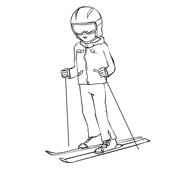 Hand drawn skier on mountain side. — Stock Vector