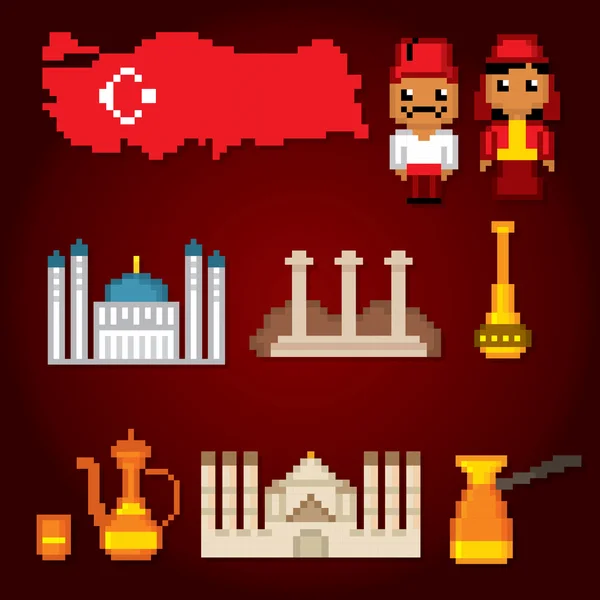 Turquía cultura símbolo conjunto. Pixel arte . — Vector de stock