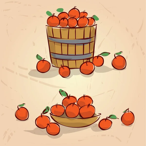Apples in wooden bucket and bowl — Stock Vector