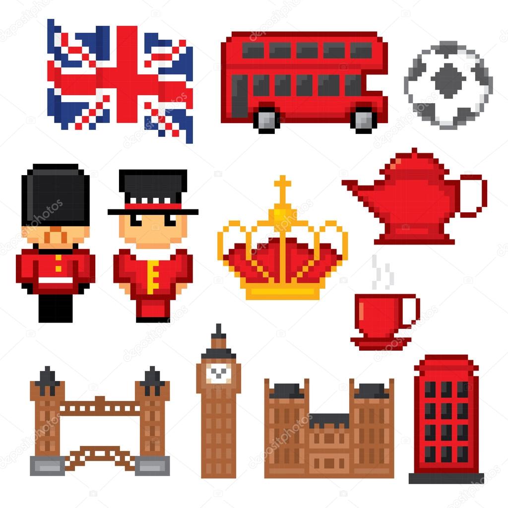 England culture symbols icons set. 