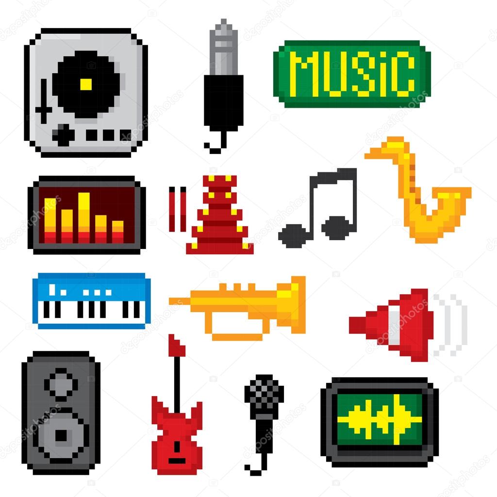Music icons set. Pixel art