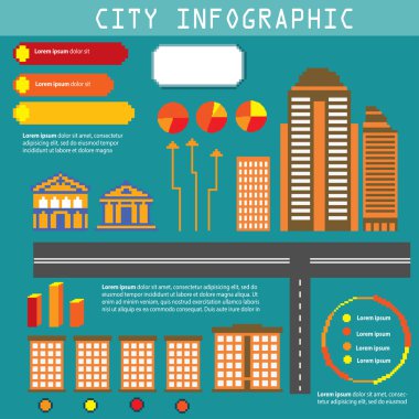 Piksel şehir Infographic seti 