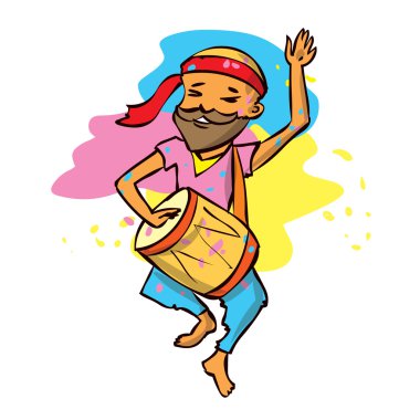 Bir davul olan adam. Holi festival kutluyor.