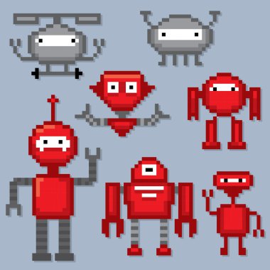 Çizgi film robotlar ayarlayın. Piksel sanat.
