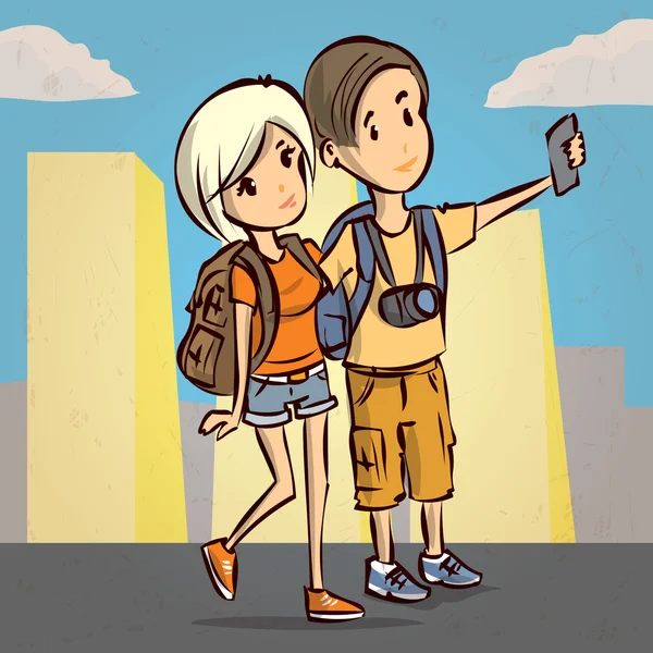 Giovane coppia di turisti fare selfie . — Vettoriale Stock