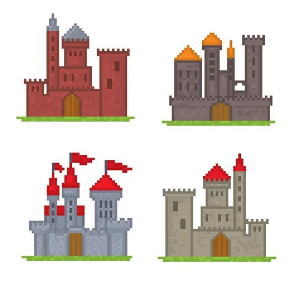 Castillos y fortalezas iconos. Pixel arte — Vector de stock