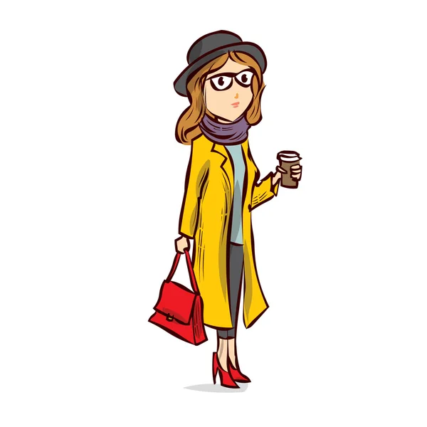 Hipster menina beber café ao ar livre . —  Vetores de Stock