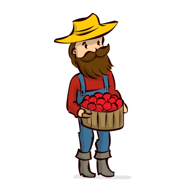 Agricultor de dibujos animados cosechando manzanas — Vector de stock