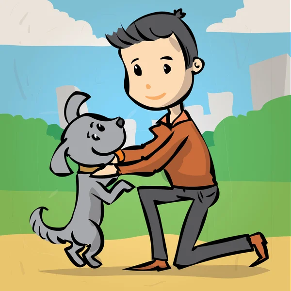 Joven jugando con el perro . — Vector de stock