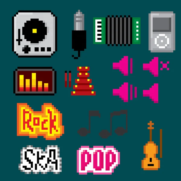 Icone musicali impostate. Arte pixel — Vettoriale Stock