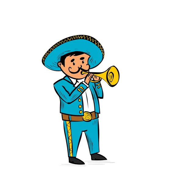 Mexican mariachi man playing on trumpet. — Stock Vector