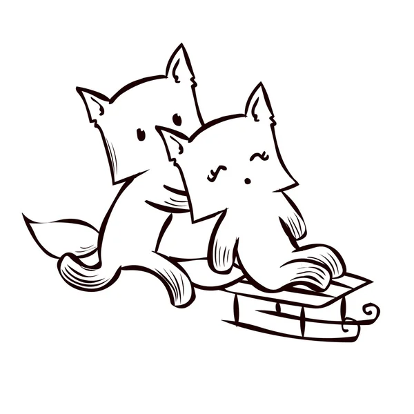 Boy and girl fox sledding. Hand drawn cartoon vector illustration — Stock Vector