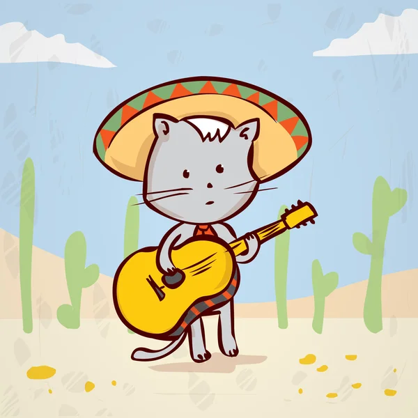 Γάτα σε ένα σομπρέρο αναπαραγωγή μουσικής — Διανυσματικό Αρχείο