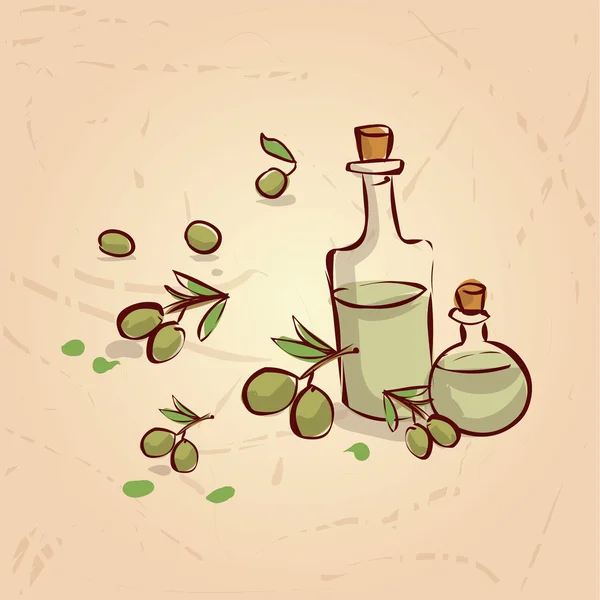 Aceitunas y aceite en botellas . — Vector de stock