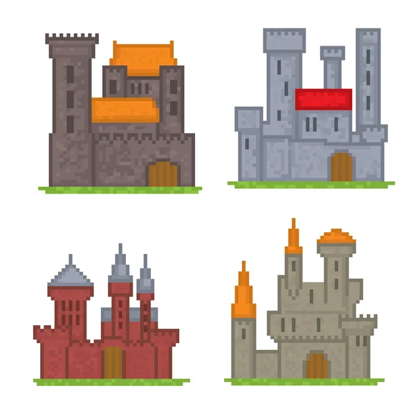 Châteaux et forteresses icônes. Pixel art — Image vectorielle