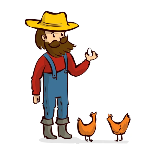 Cartoon contadino raccoglie le uova — Vettoriale Stock