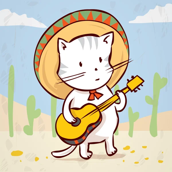 Cat in a sombrero playing music — Stock Vector