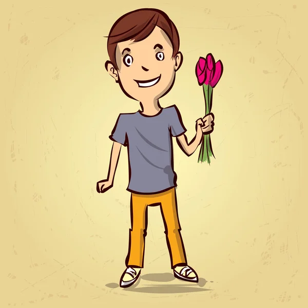 Хлопчик з букетом тюльпанів . . — стоковий вектор