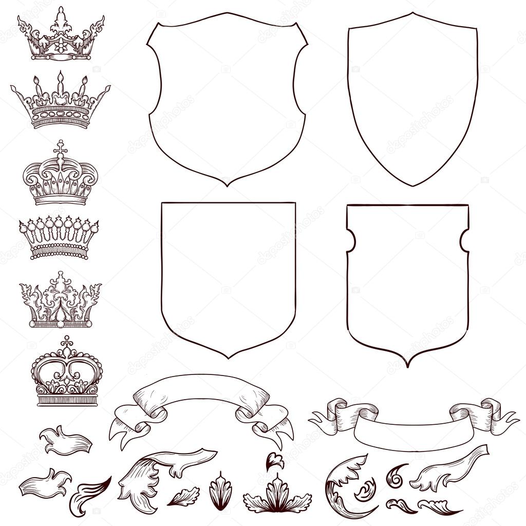 Hand drawn coat of arms set. 