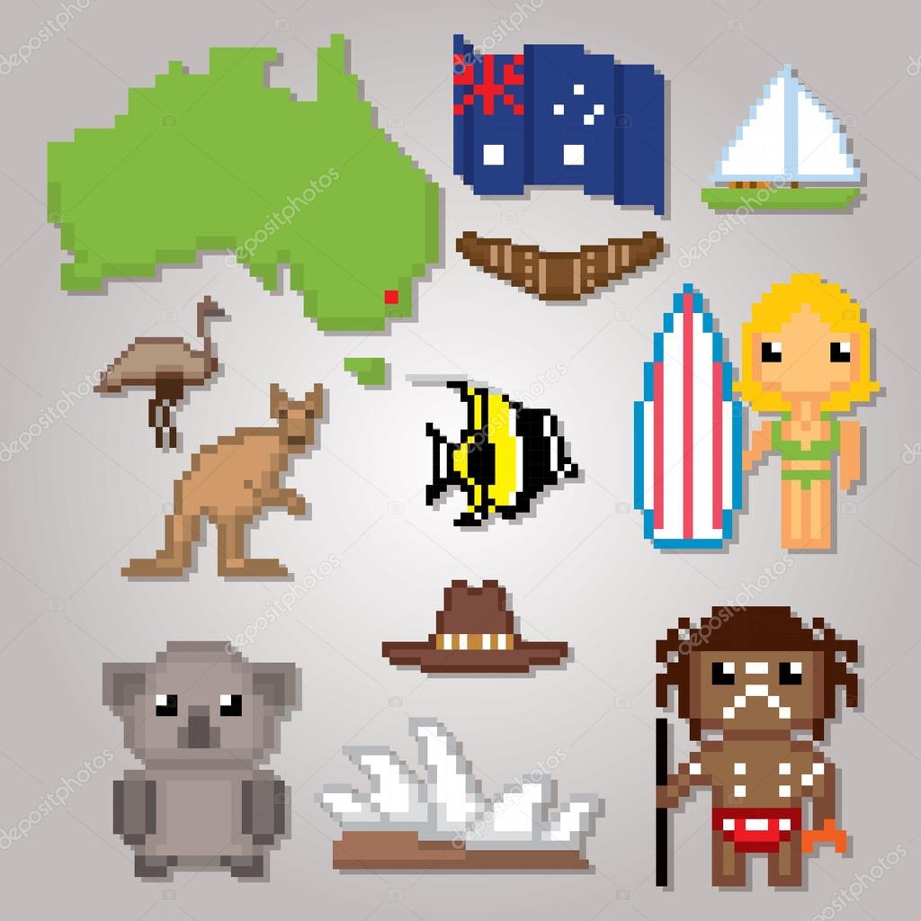 Australia culture symbols icons set.