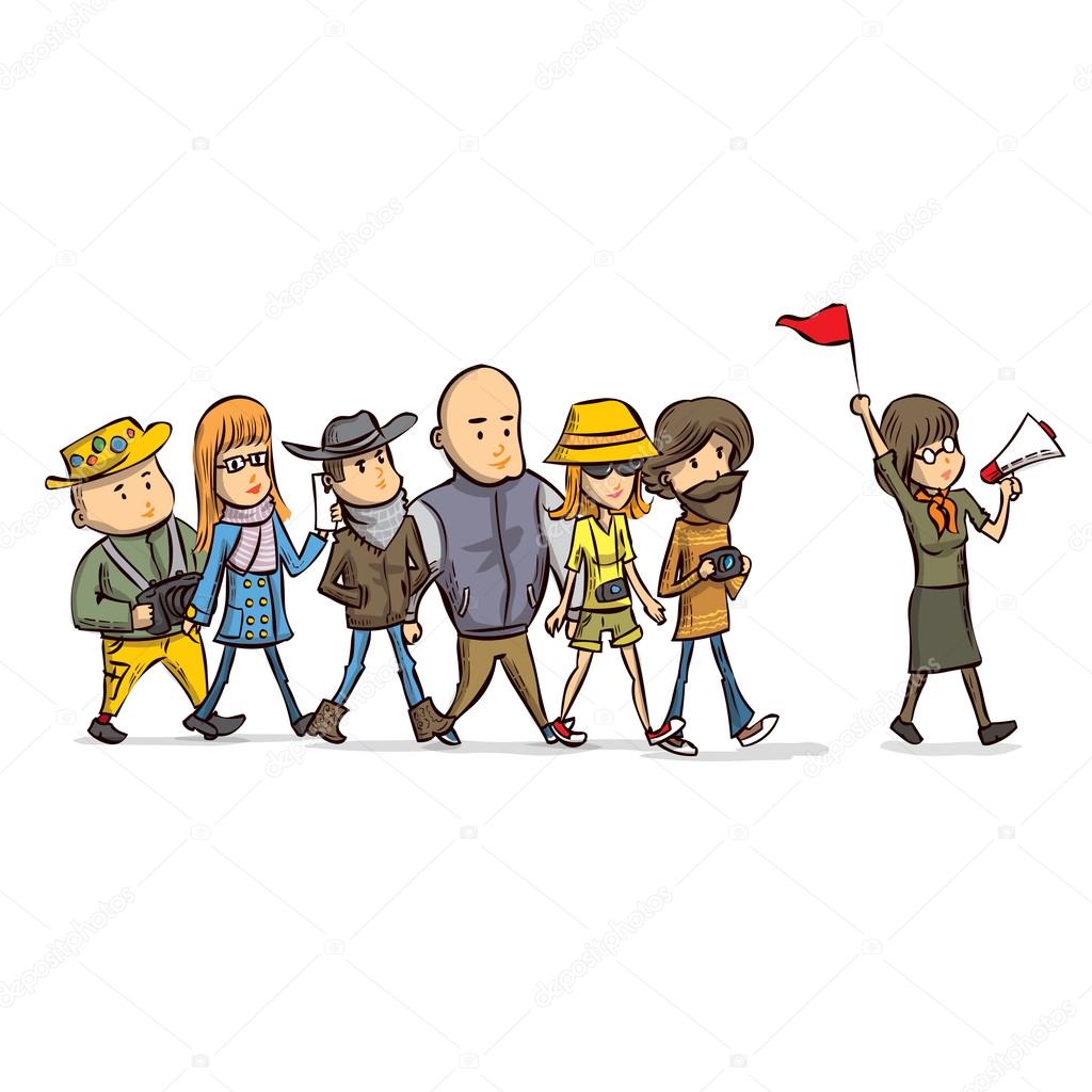 depositphotos_107746606 stock illustration tour guide with group of