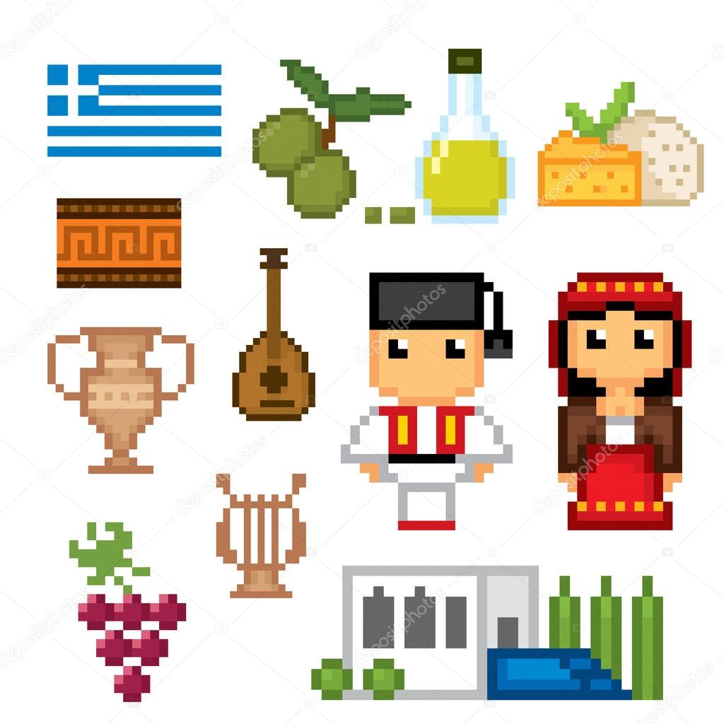 Greece culture symbols icons set. 