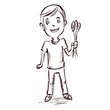 Çocuk bir buket laleler. .