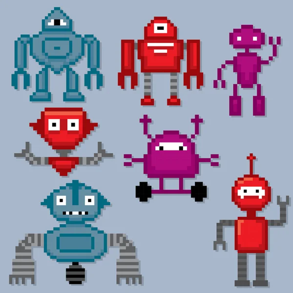 Cartoon Robots instellen. Pixelart. — Stockvector