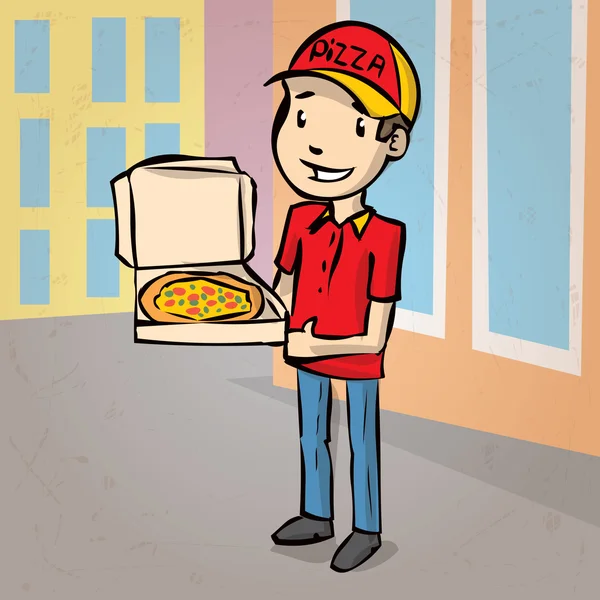 Hand getekende man met pizza — Stockvector