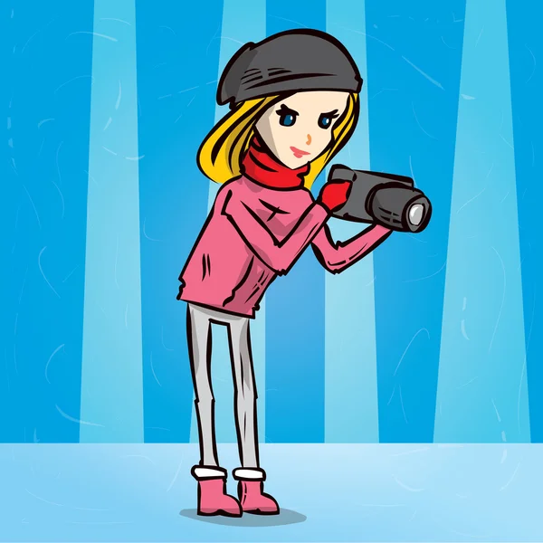 Fotógrafo bonito menina em roupas de inverno — Vetor de Stock