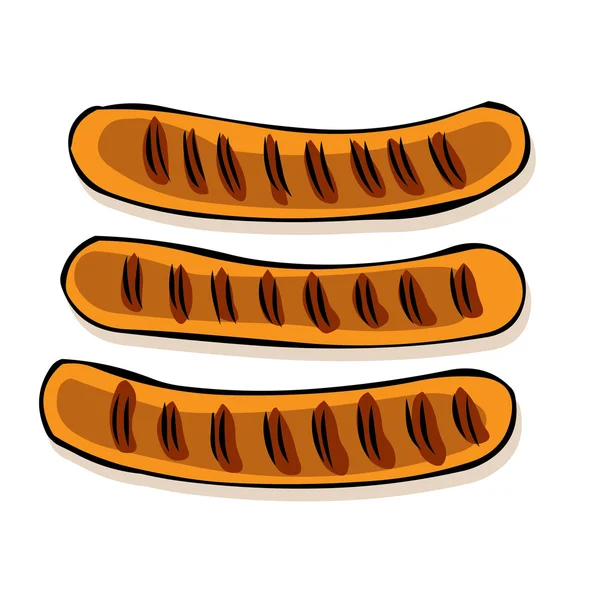 Three fried smoked Bavarian sausages. — Stock Vector