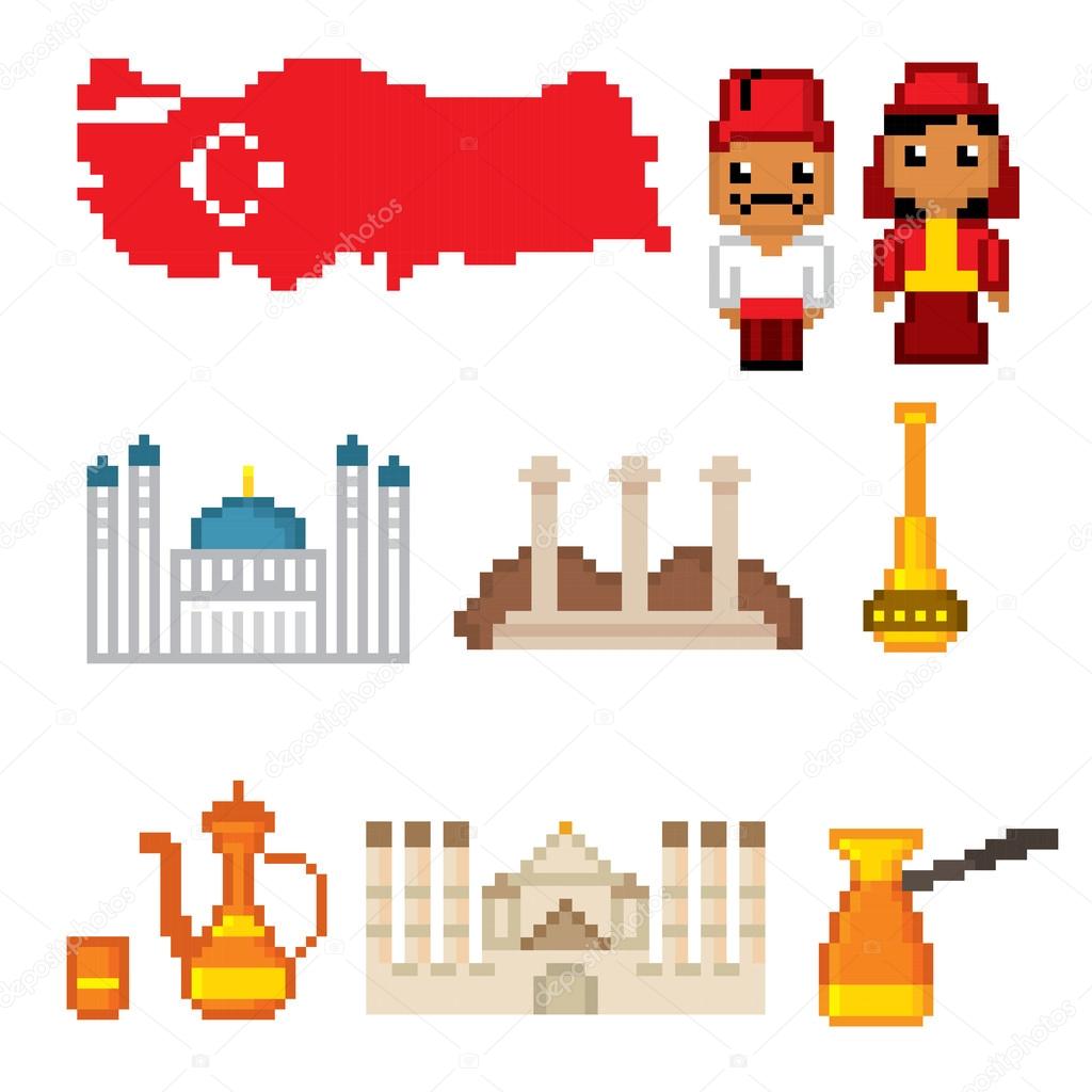 Turkey culture symbol set. Pixel art. 