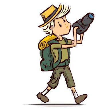 Genç adam turist ile bir fotoğraf makinesi fotoğraf manzaraları. 