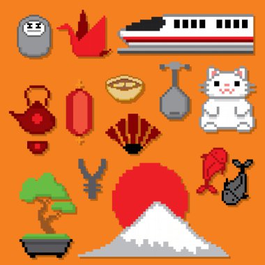 Japonya simgeler afiş. Piksel sanat