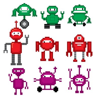 Çizgi film robotlar ayarlayın. Piksel sanat.