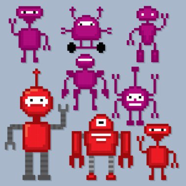 Çizgi film robotlar ayarlayın. Piksel sanat.