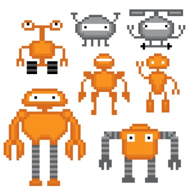 Çizgi film robotlar ayarlayın. Piksel sanat.