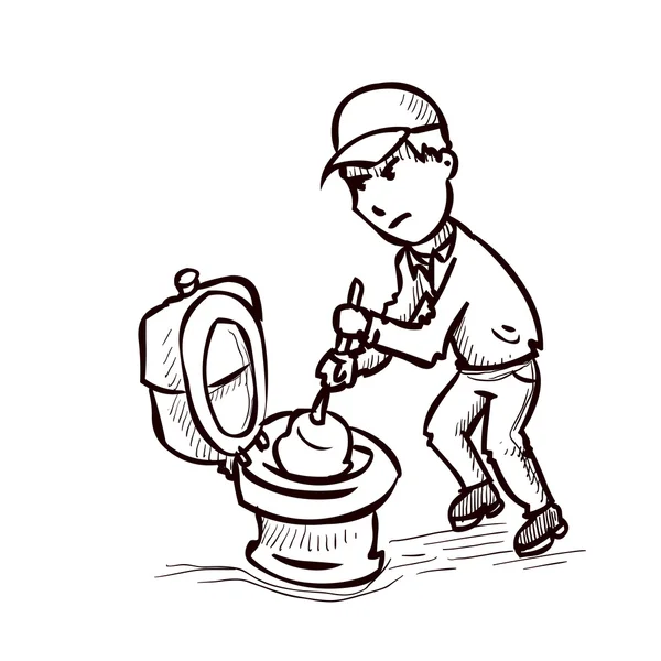 Plumber eliminates clogged toilet. — Stock Vector