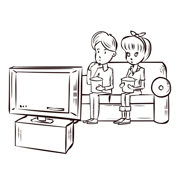 Casal de desenhos animados assistindo TV . —  Vetores de Stock