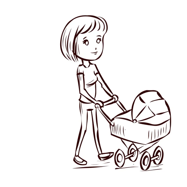 Молодая мама с коляской гуляет — стоковый вектор
